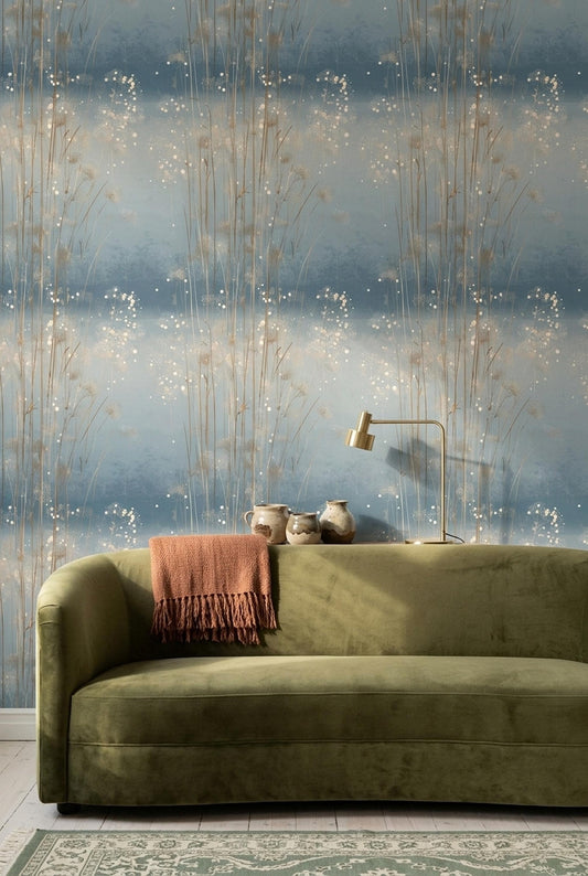 Blue Meadow Grass Wallpaper Organic Modern Botanical Scandinavian Wall Decor