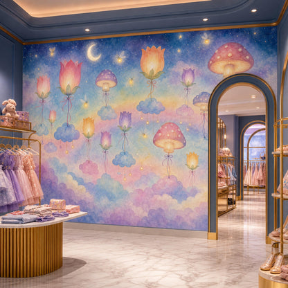 Whimsical Nursery Wall Mural Fairy Garden Wallpaper Magical Mushroom Cloud Decor