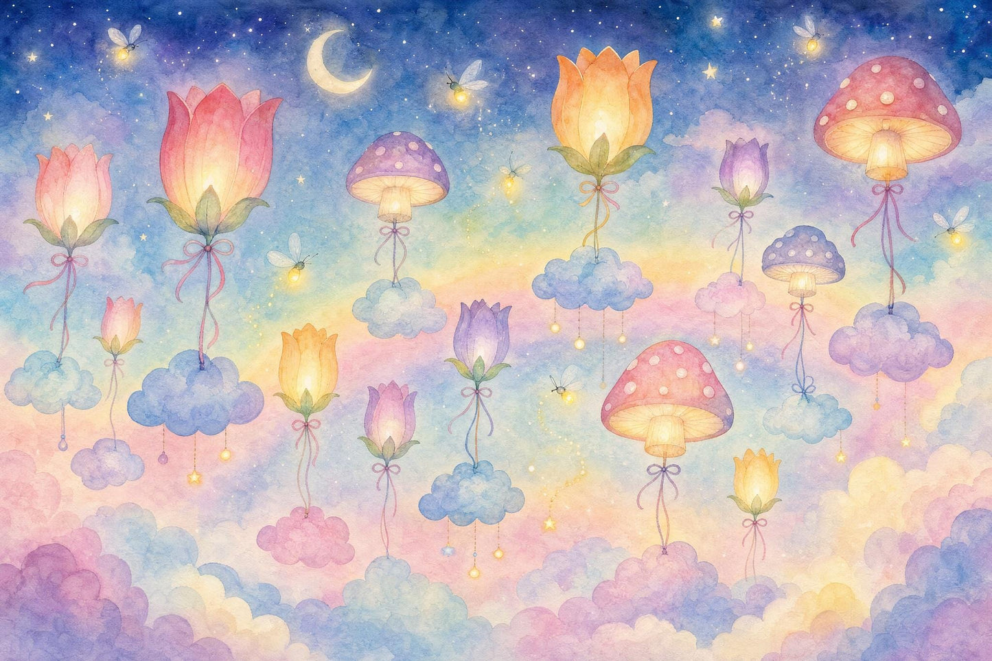Whimsical Nursery Wall Mural Fairy Garden Wallpaper Magical Mushroom Cloud Decor