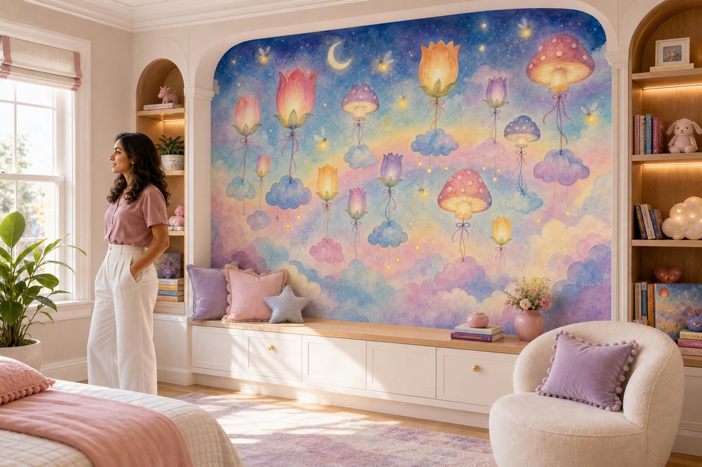 Whimsical Nursery Wall Mural Fairy Garden Wallpaper Magical Mushroom Cloud Decor