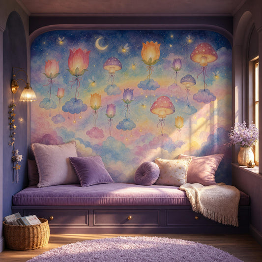 Whimsical Nursery Wall Mural Fairy Garden Wallpaper Magical Mushroom Cloud Decor
