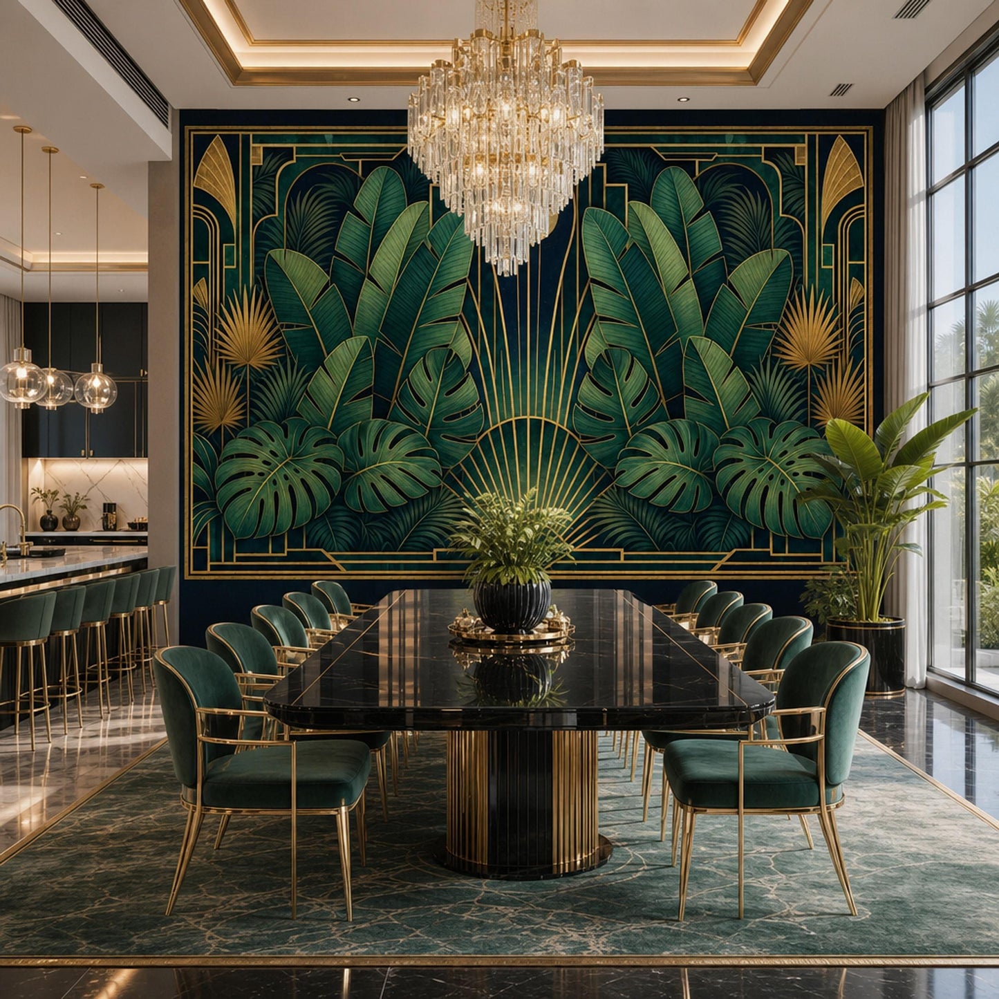 Luxury Art Deco Botanical Wall Mural Emerald Palm Gold Tropical Statement Decor