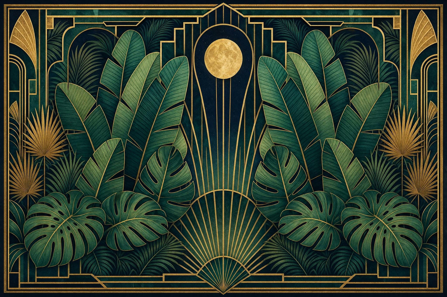 Luxury Art Deco Botanical Wall Mural Emerald Palm Gold Tropical Statement Decor