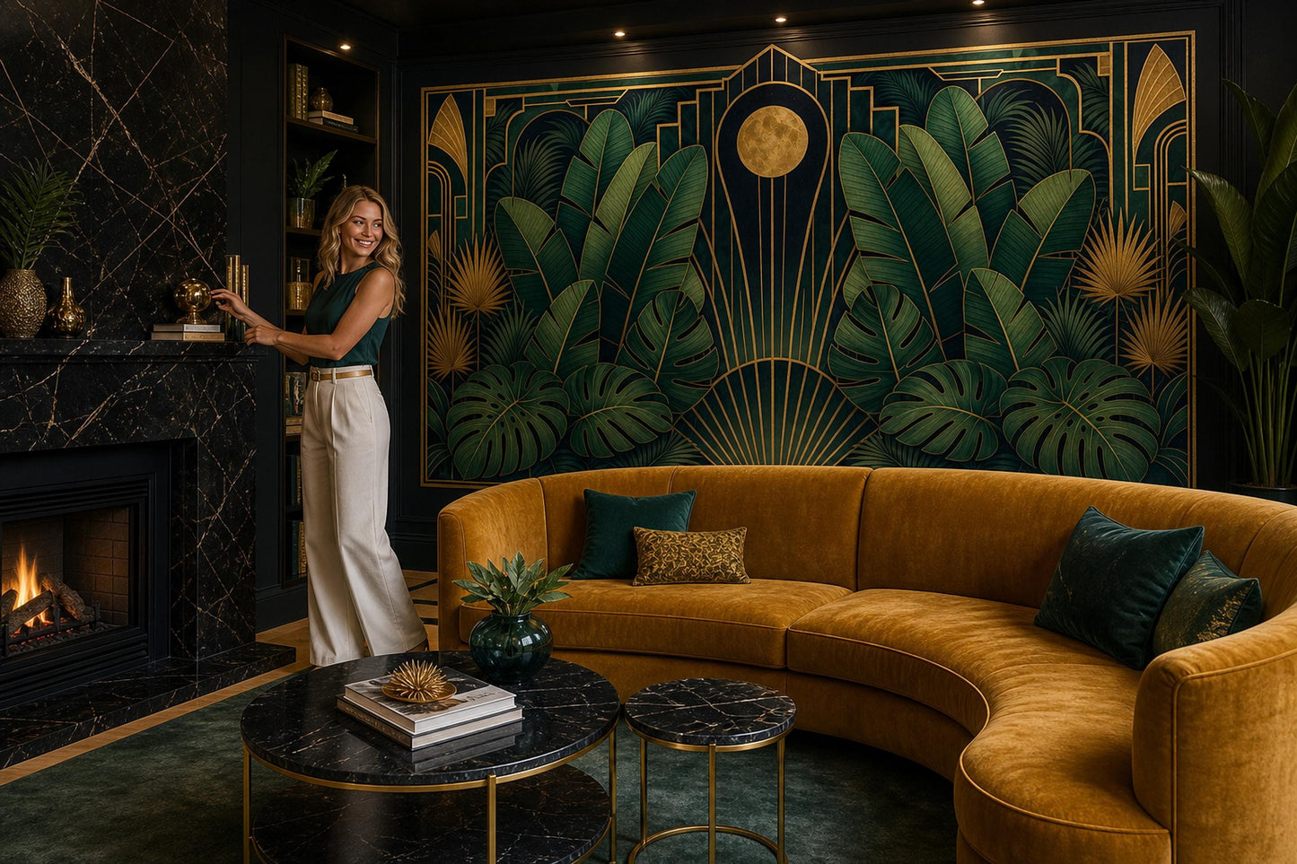 Luxury Art Deco Botanical Wall Mural Emerald Palm Gold Tropical Statement Decor