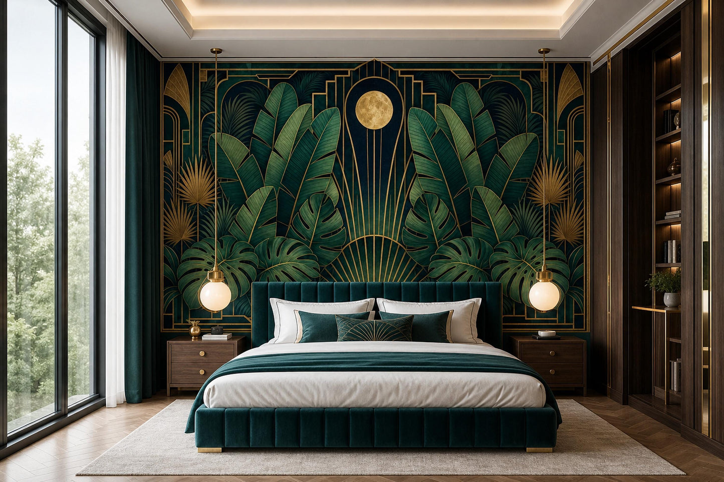 Luxury Art Deco Botanical Wall Mural Emerald Palm Gold Tropical Statement Decor