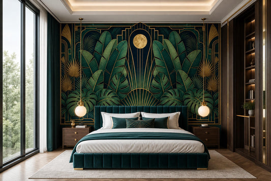 Luxury Art Deco Botanical Wall Mural Emerald Palm Gold Tropical Statement Decor