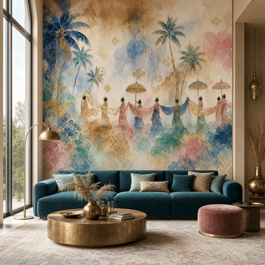 Luxury Balinese Wall Mural Tropical Resort Wallpaper Watercolor Island Paradise Decor