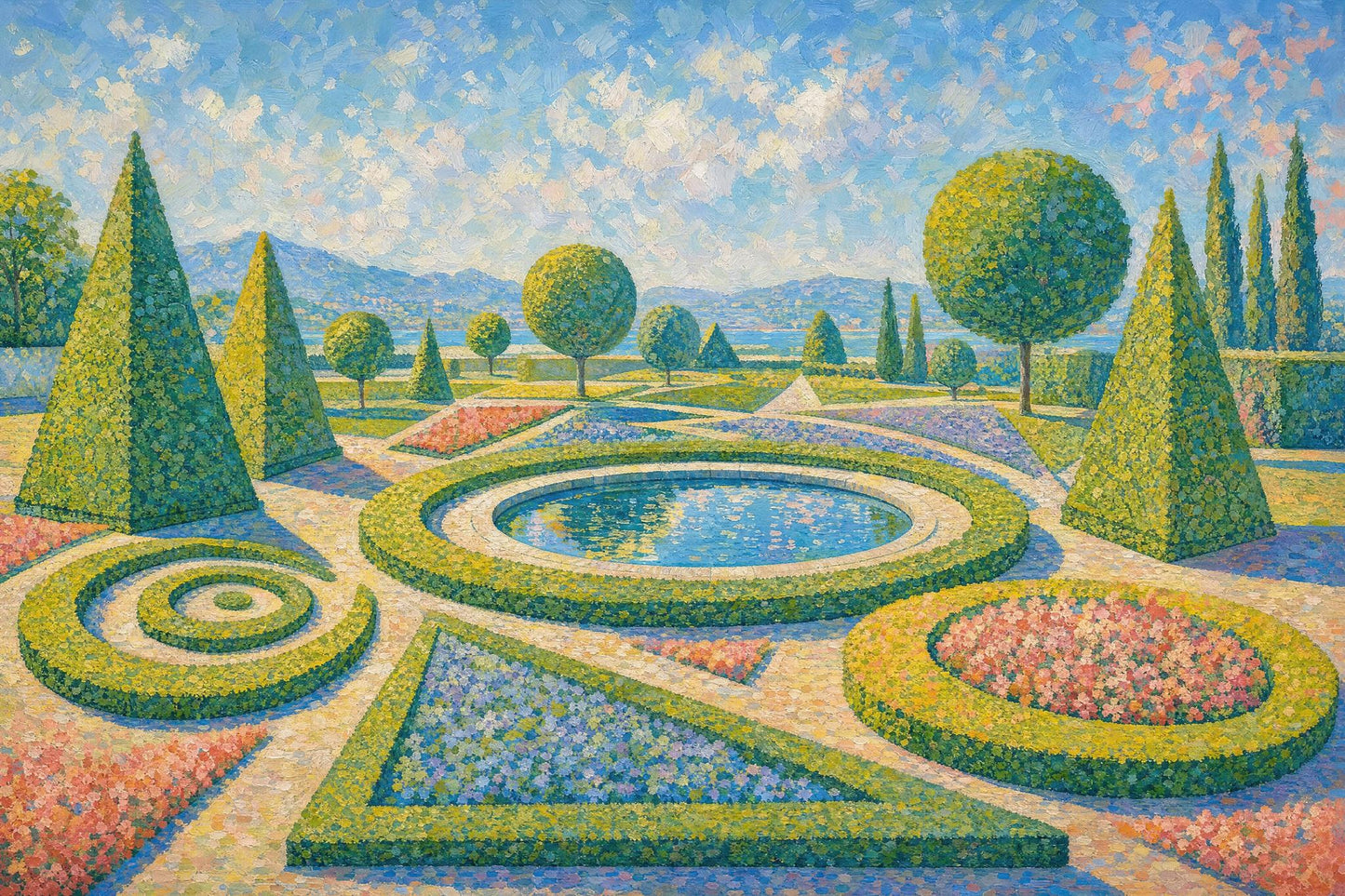 Formal Garden Wallpaper Topiary Circular Fountain Wall Mural