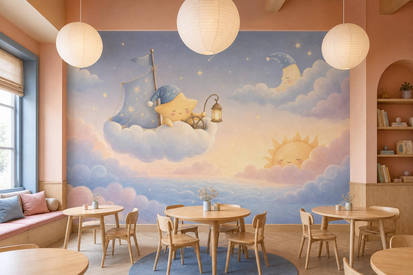 Celestial Sleep Training Wall Mural Dreamy Nursery Sky Moon Star Baby Room Decor