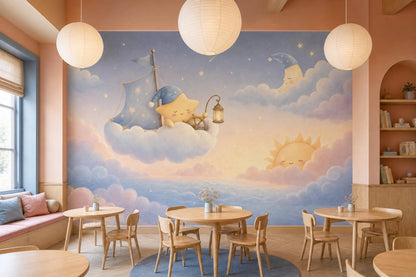 Celestial Sleep Training Wall Mural Dreamy Nursery Sky Moon Star Baby Room Decor