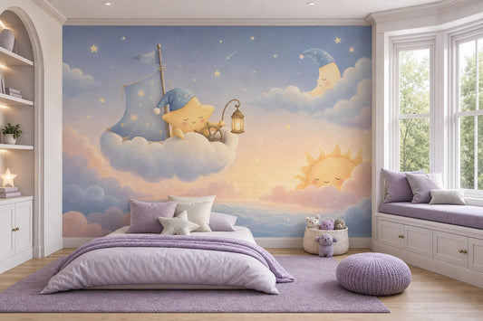 Celestial Sleep Training Wall Mural Dreamy Nursery Sky Moon Star Baby Room Decor