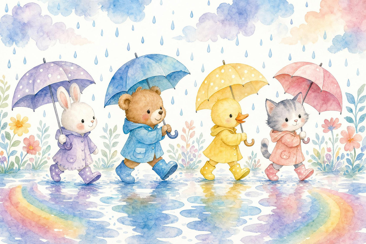 Rainy Day Friends Wall Mural Woodland Animal Nursery Preschool Classroom Decor