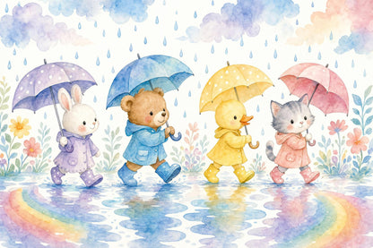 Rainy Day Friends Wall Mural Woodland Animal Nursery Preschool Classroom Decor