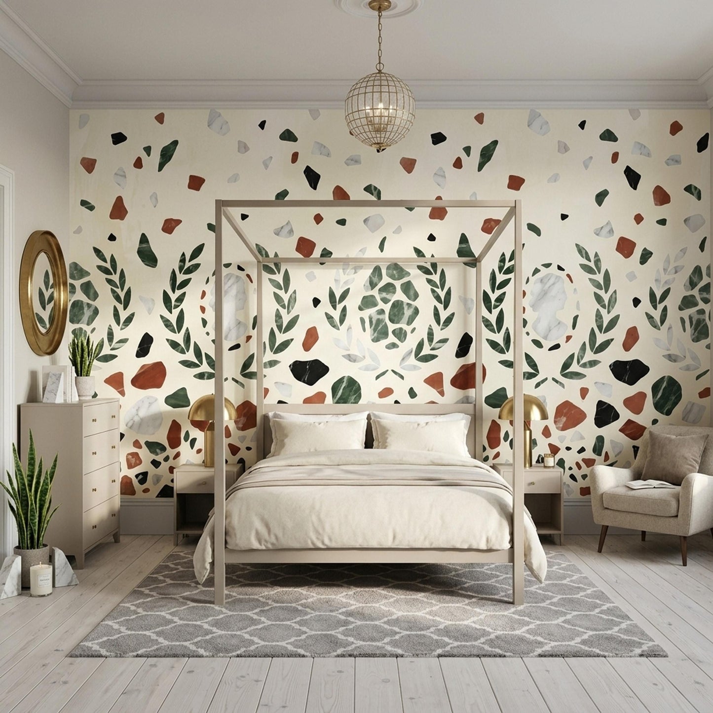 Roman Terrazzo Wallpaper Classical Laurel Marble Pattern Mediterranean Luxury Decor