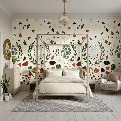 Roman Terrazzo Wallpaper Classical Laurel Marble Pattern Mediterranean Luxury Decor
