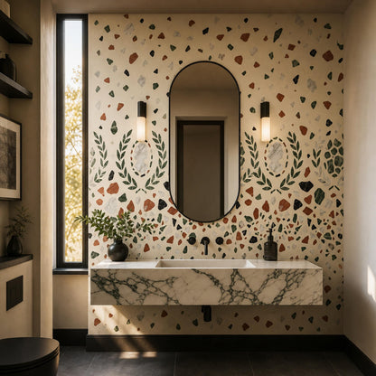 Roman Terrazzo Wallpaper Classical Laurel Marble Pattern Mediterranean Luxury Decor