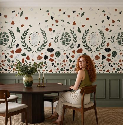 Roman Terrazzo Wallpaper Classical Laurel Marble Pattern Mediterranean Luxury Decor