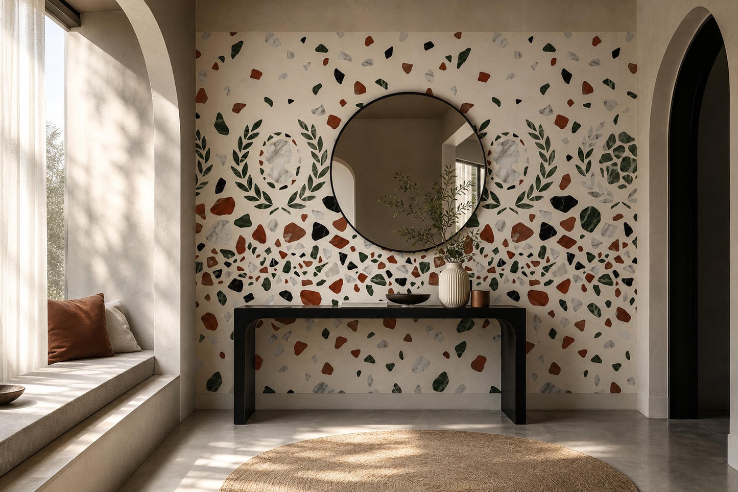 Roman Terrazzo Wallpaper Classical Laurel Marble Pattern Mediterranean Luxury Decor