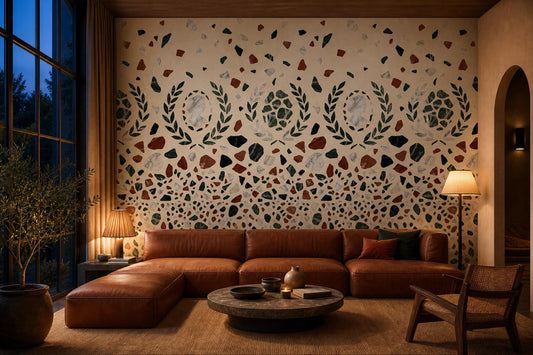 Roman Terrazzo Wallpaper Classical Laurel Marble Pattern Mediterranean Luxury Decor