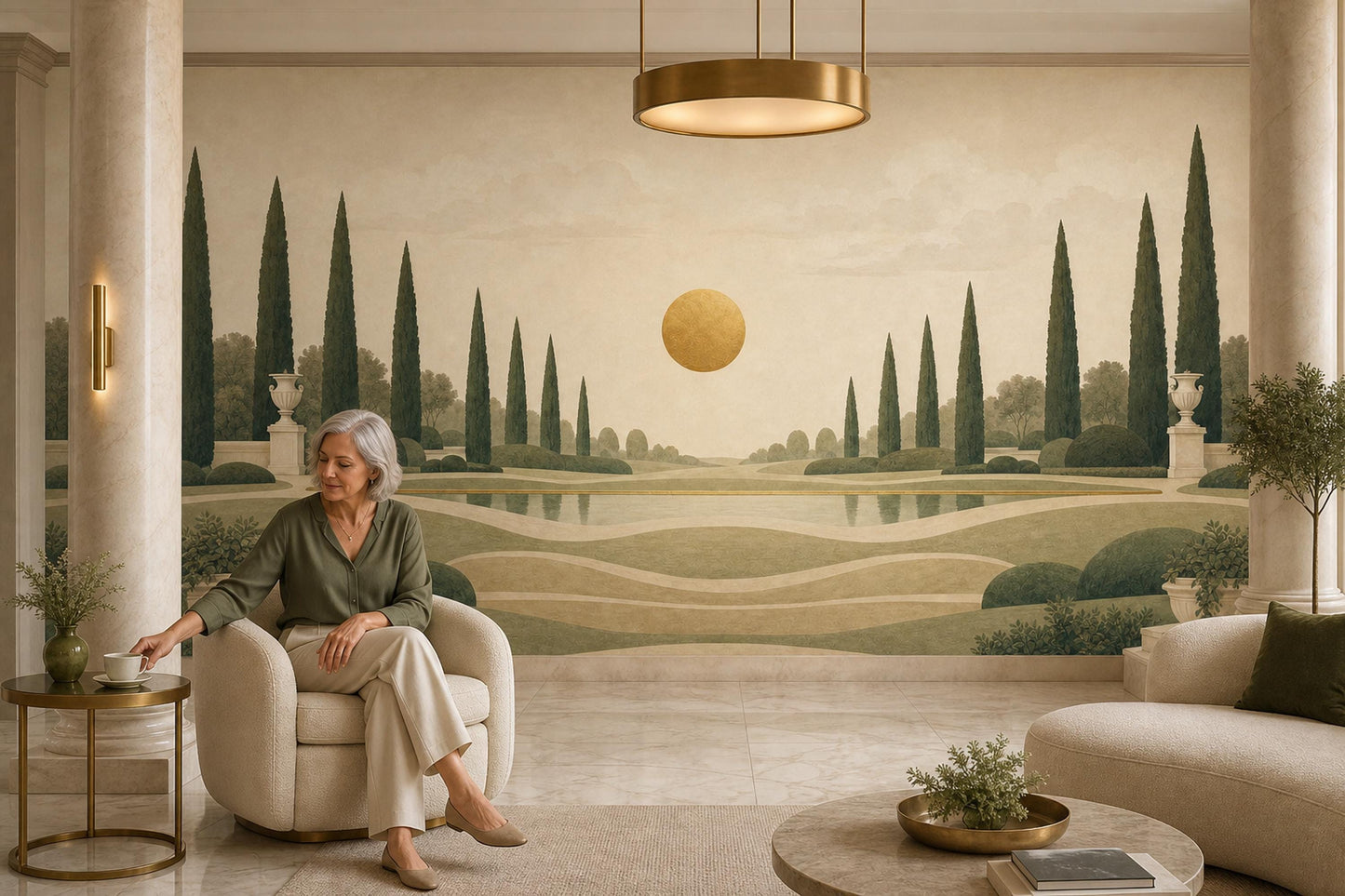 Italian Cypress Wall Mural Mediterranean Landscape Luxury Estate Scenic Wall Decor