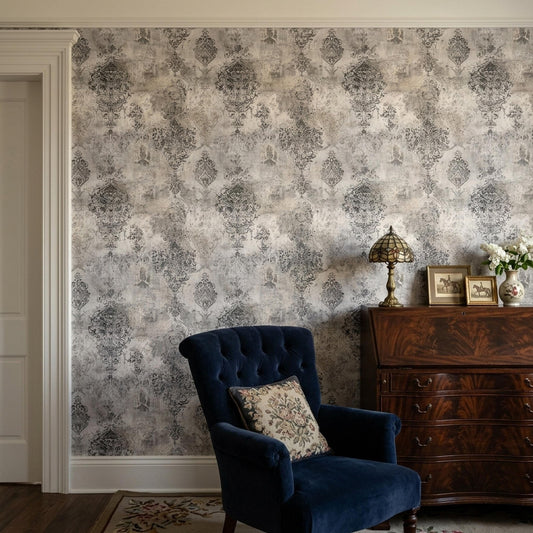 Belgian Linen Wallpaper Distressed Damask Pattern Restoration Hardware Vintage European Decor