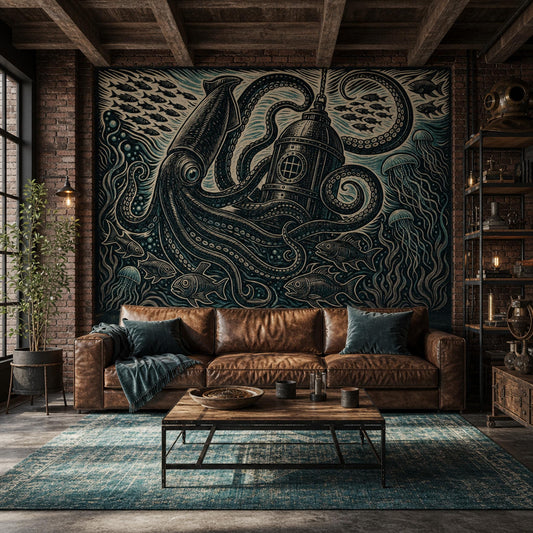 Vintage Kraken Wall Mural Dark Academia Nautical Wallpaper Octopus Ocean Mythology Decor