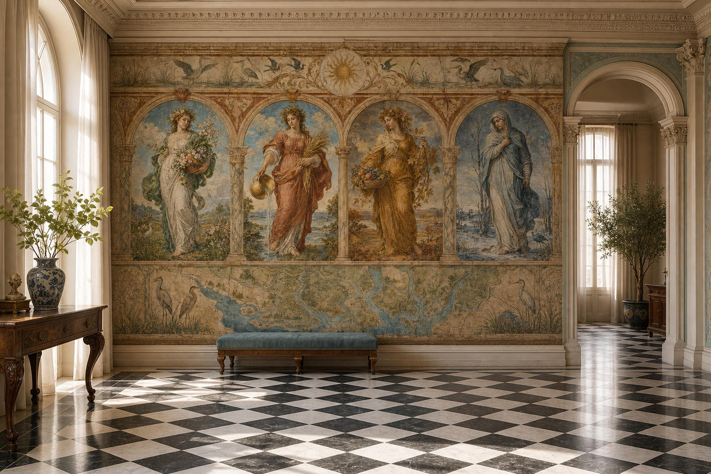 Italian Renaissance Wall Mural Museum Fresco Palazzo Decor Four Seasons Luxury Interior