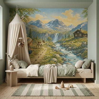 Nordic Adventure Wall Mural Scandinavian Mountain Landscape Storybook Nursery Forest Decor