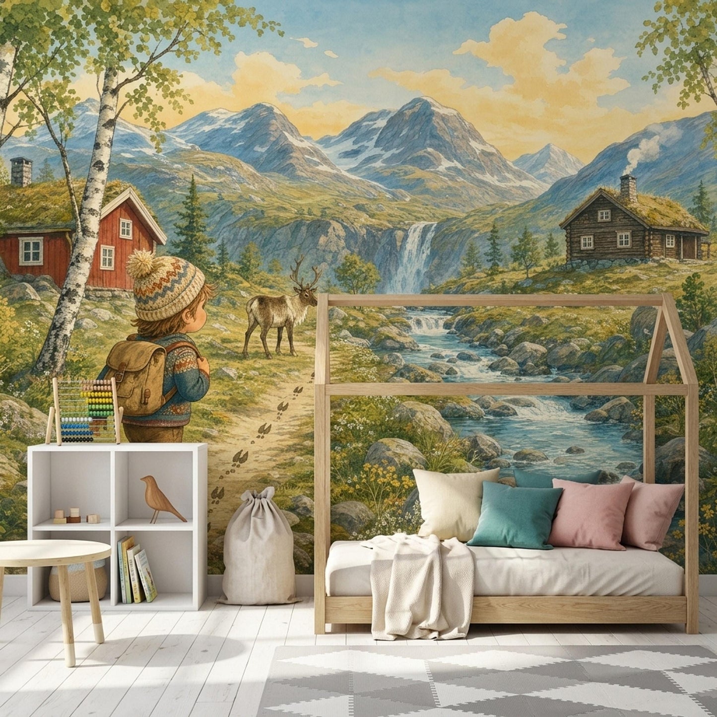 Nordic Adventure Wall Mural Scandinavian Mountain Landscape Storybook Nursery Forest Decor