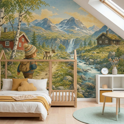 Nordic Adventure Wall Mural Scandinavian Mountain Landscape Storybook Nursery Forest Decor