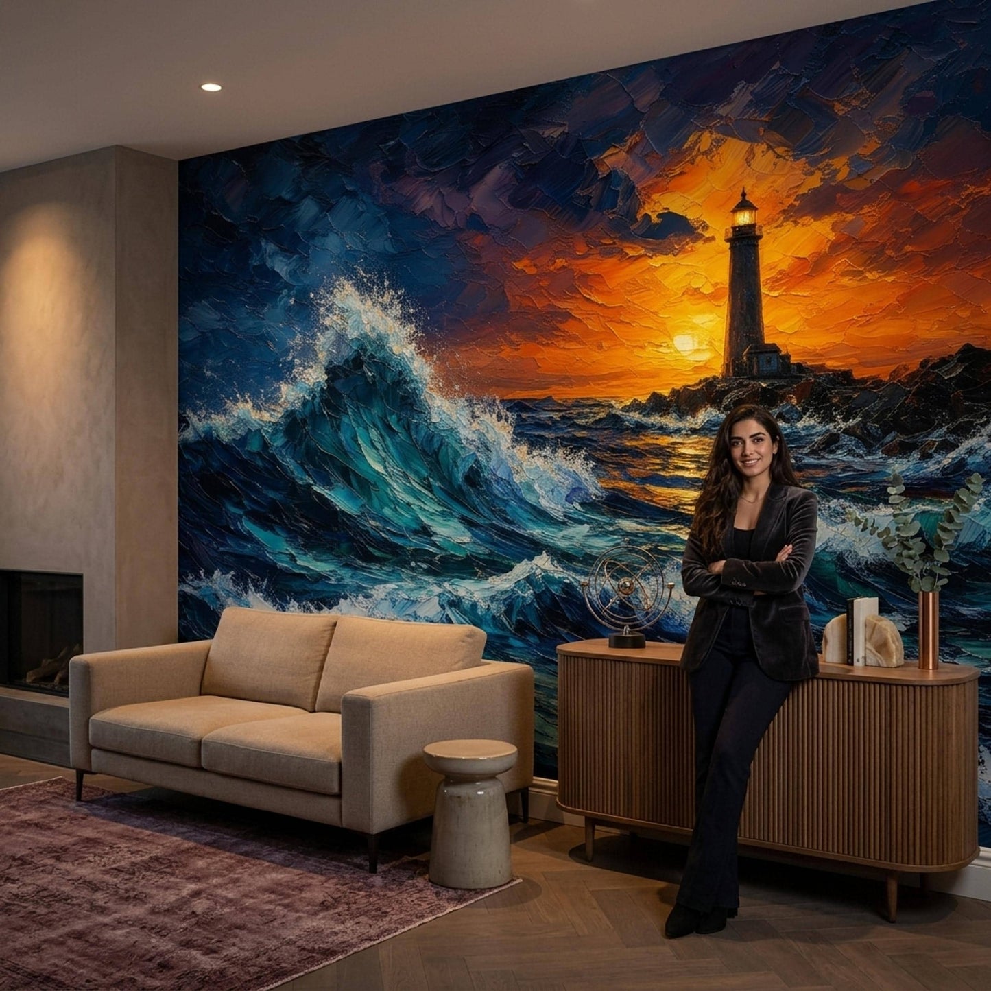 Moody Coastal Wall Mural Dramatic Ocean Wave Lighthouse Sunset Seascape Decor