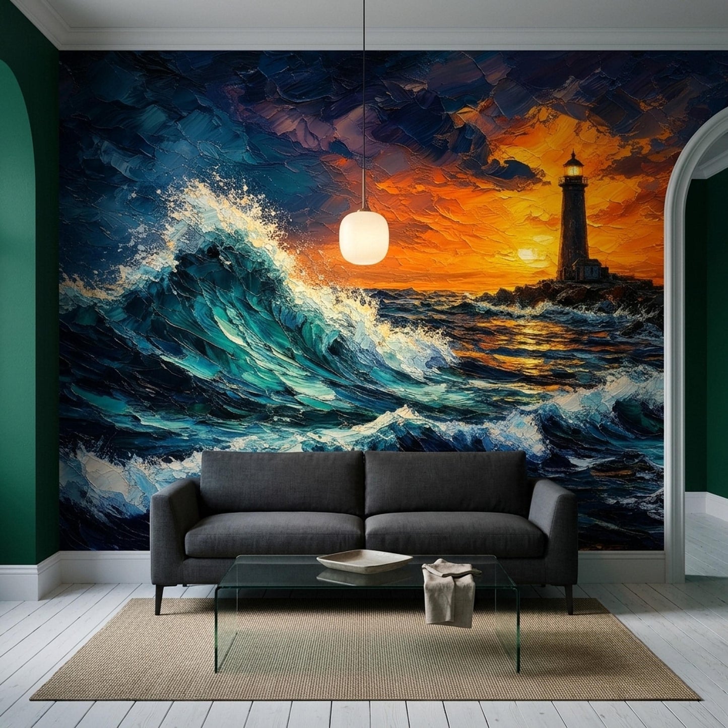 Moody Coastal Wall Mural Dramatic Ocean Wave Lighthouse Sunset Seascape Decor