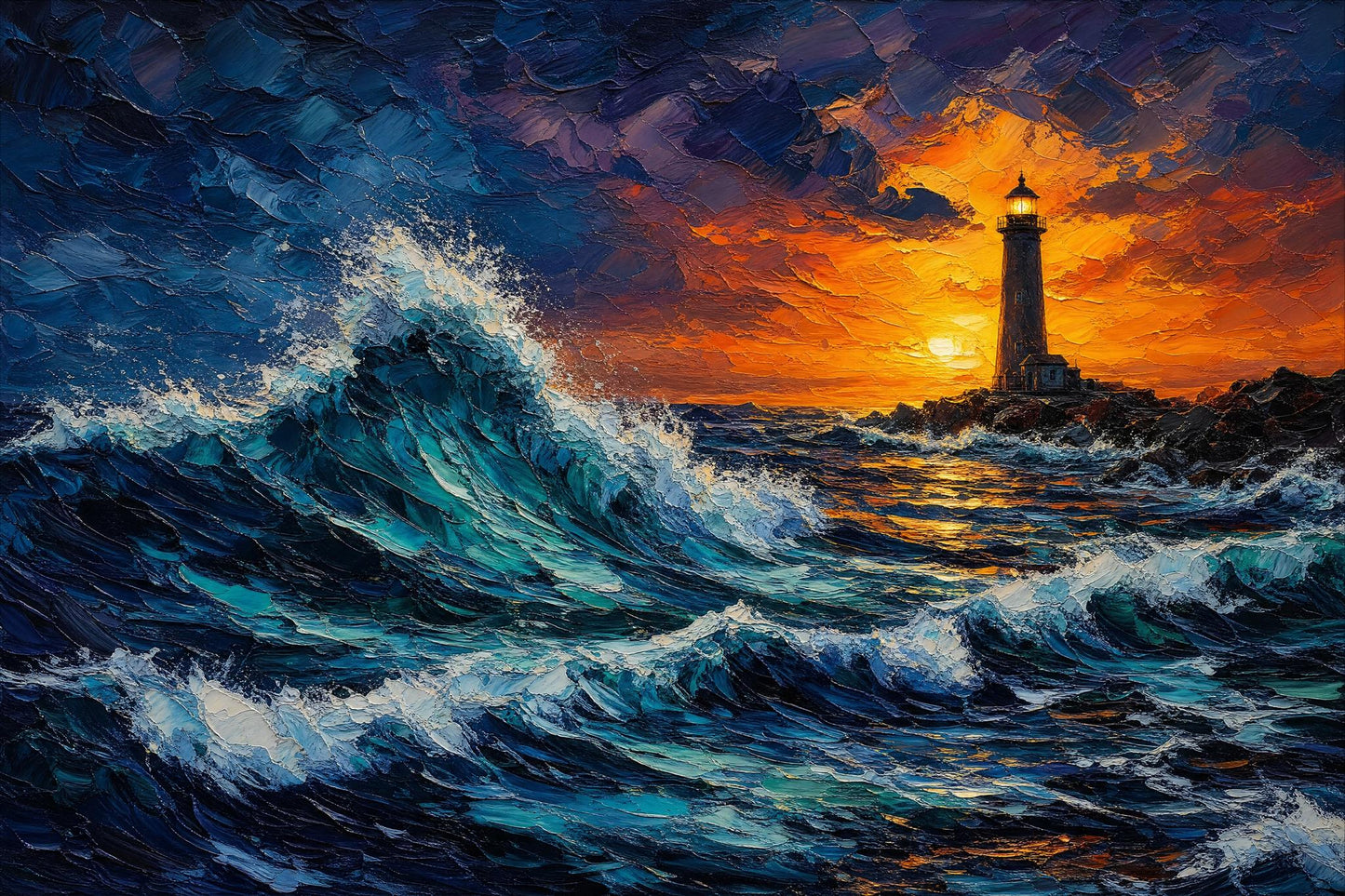 Moody Coastal Wall Mural Dramatic Ocean Wave Lighthouse Sunset Seascape Decor