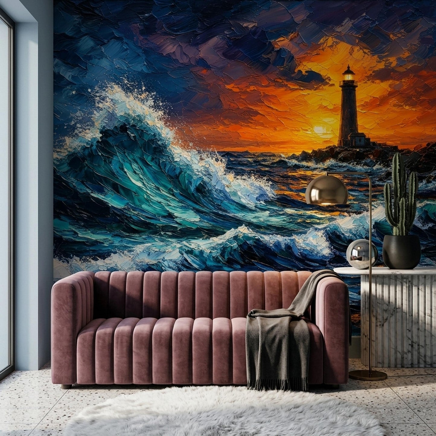 Moody Coastal Wall Mural Dramatic Ocean Wave Lighthouse Sunset Seascape Decor