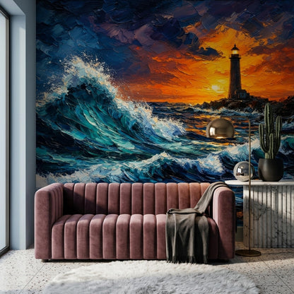 Moody Coastal Wall Mural Dramatic Ocean Wave Lighthouse Sunset Seascape Decor
