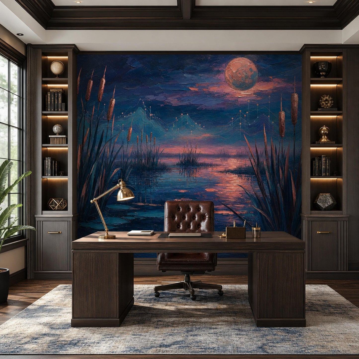 Celestial Wetland Wall Mural Moody Moon Lake Landscape Luxury Statement Decor
