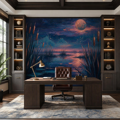 Celestial Wetland Wall Mural Moody Moon Lake Landscape Luxury Statement Decor