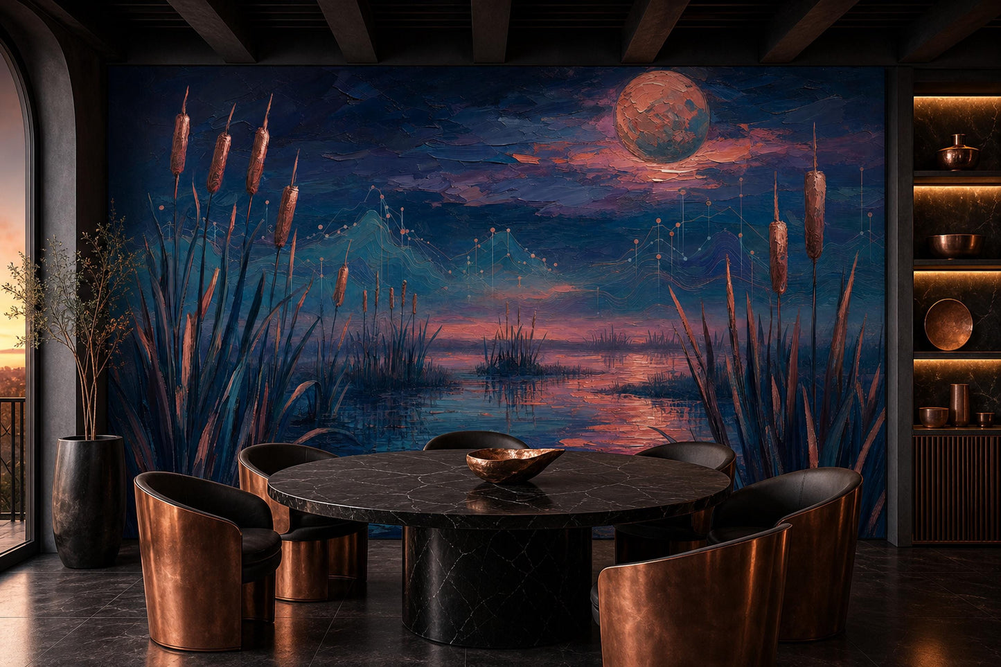 Celestial Wetland Wall Mural Moody Moon Lake Landscape Luxury Statement Decor