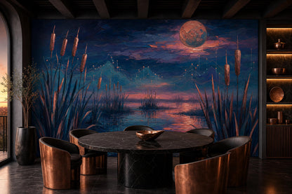 Celestial Wetland Wall Mural Moody Moon Lake Landscape Luxury Statement Decor