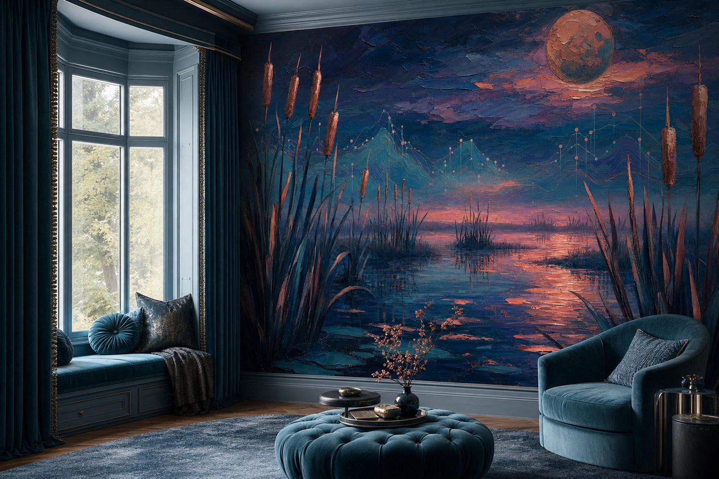 Celestial Wetland Wall Mural Moody Moon Lake Landscape Luxury Statement Decor