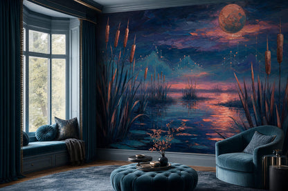 Celestial Wetland Wall Mural Moody Moon Lake Landscape Luxury Statement Decor