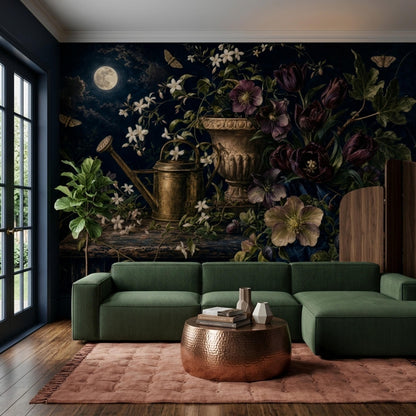 Moody Botanical Wall Mural Moon Garden Vintage Floral Dark Academia Wallpaper