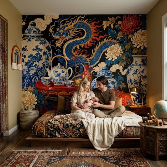 Blue Dragon Chinoiserie Wall Mural Vintage Porcelain Floral Oriental Wallpaper
