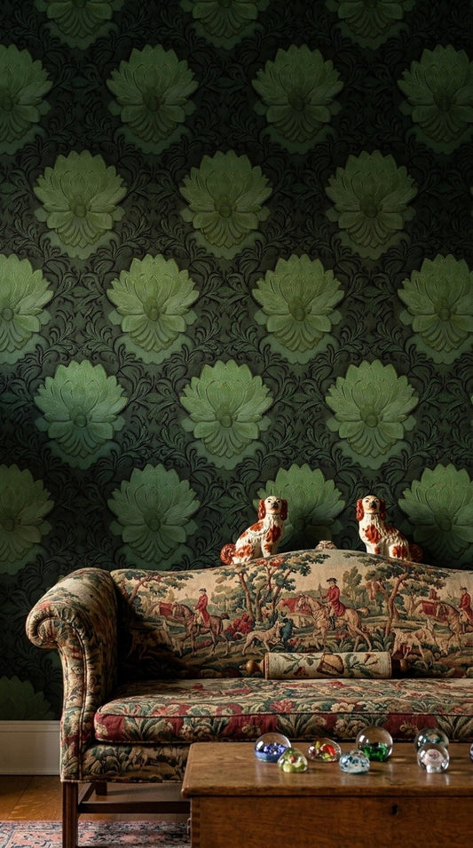 Art Nouveau Botanical Wallpaper Dark Green Heritage Floral Pattern Luxury Decor