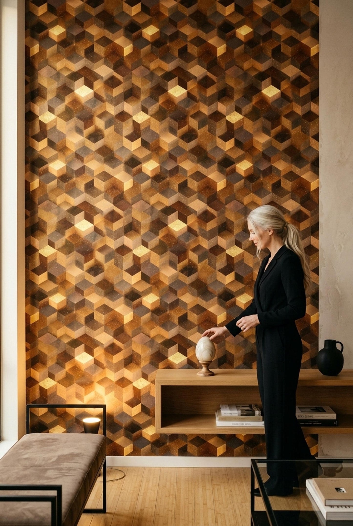 Mid Century Cube Wallpaper Retro Wood Geometric Illusion Pattern Modern Decor