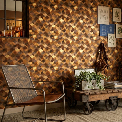 Mid Century Cube Wallpaper Retro Wood Geometric Illusion Pattern Modern Decor