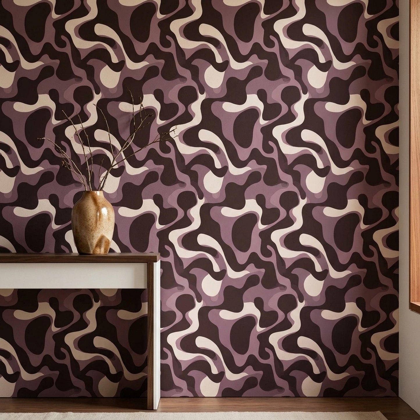 Retro Abstract Wallpaper Mauve Brown Organic Shapes Mid Century Modern Decor