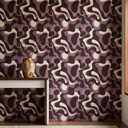 Retro Abstract Wallpaper Mauve Brown Organic Shapes Mid Century Modern Decor
