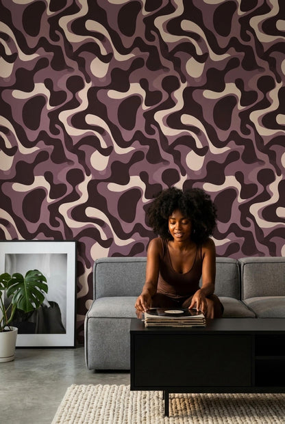 Retro Abstract Wallpaper Mauve Brown Organic Shapes Mid Century Modern Decor
