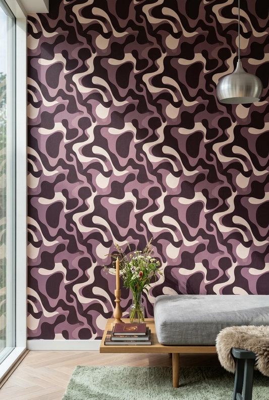Retro Abstract Wallpaper Mauve Brown Organic Shapes Mid Century Modern Decor